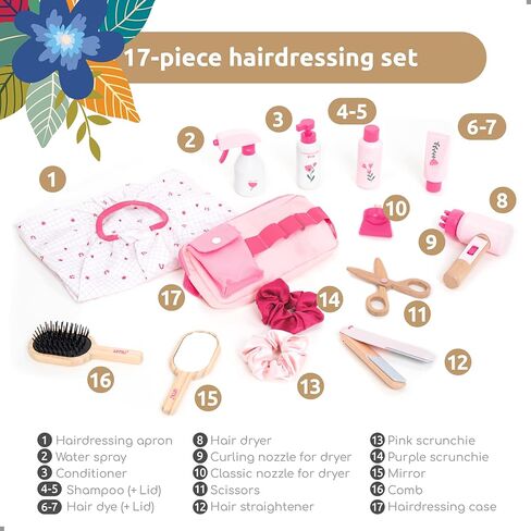 Kids Hair Salon Playset, Wooden Makeup Toy Set, Hair Styling Toys for Girls, Kids Shaving Kit for Boys, Kids Barber Playset, Gifts for 3 4 5 Year Old Girls Boys (18 PCS) in Kuwait