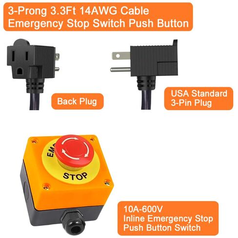 مفتاح زر ضغط إيقاف الطوارئ مع كابل 14AWG بطول 3.3 قدم وقابس Piggyback، سلك تمديد مقاوم للماء IP67 مع مفتاح زر طوارئ مضمن للطاقة، AC/DC 10A-125V in Kuwait