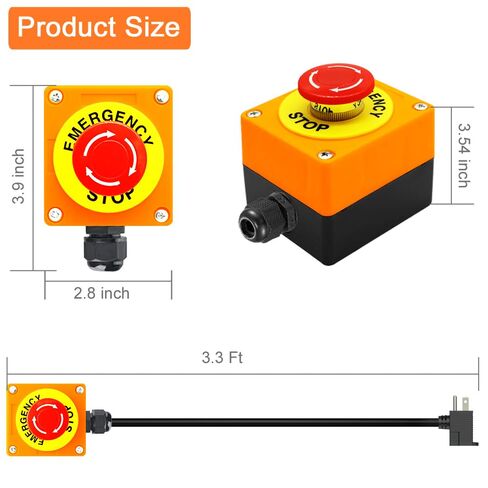 مفتاح زر ضغط إيقاف الطوارئ مع كابل 14AWG بطول 3.3 قدم وقابس Piggyback، سلك تمديد مقاوم للماء IP67 مع مفتاح زر طوارئ مضمن للطاقة، AC/DC 10A-125V in Kuwait