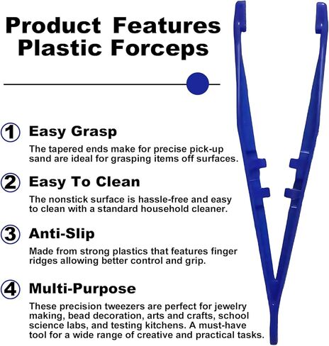 ملاقط بلاستيكية، ملاقط للإسعافات الأولية للاستعمال مرة واحدة مع حواف للأصابع، مناسبة للمختبر، المنزل، الملابس، الحرف اليدوية، العلوم الابتدائية، الفصل المدرسي، عبوة من 30 قطعة، أزرق in Kuwait