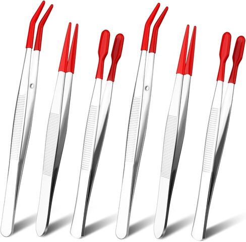 6 PCS Tweezers with Rubber Tips Set, PVC Coated Precision Tweezers, Rubber Straight Tip Tweezer Rubbers Flat Tip and Long Bent Tweezer for Craft Jewelry Beads Lab Industrial Stamps, Red in Kuwait