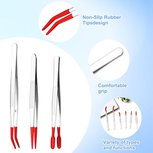 6 PCS Tweezers with Rubber Tips Set, PVC Coated Precision Tweezers, Rubber Straight Tip Tweezer Rubbers Flat Tip and Long Bent Tweezer for Craft Jewelry Beads Lab Industrial Stamps, Red in Kuwait
