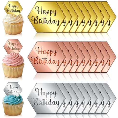 30 Pcs Acrylic Cupcake Toppers Happy Birthday Cake Disc Mirror Acrylic Cake Topper Engraved Personalized Cake Topper Mini Acrylic Cake Charm Name Custom Cake Decorations for Decor (Round) in Kuwait