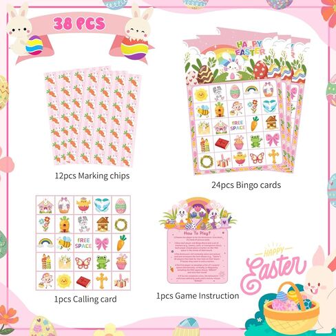 38pcs Easter Bingo Game for Easter Party Decorations, Easter Bingo Set Including Easter Day Bingo Game Easter Bunny Bingo Cards Spring Themed Bingo Craft Cards for Happy Easter Day Party Games in Saudi Arabia