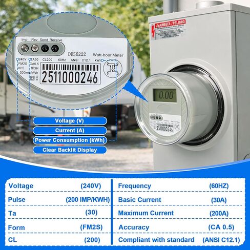 240 V 2-Wire Digital KWH Meter – High-Precision LCD Watt Meter for RV/Home/Workshop – Energy Usage Monitoring, ANSI C12.1 Compliant, Easy Install, Supports up to 200A TA30 in Saudi Arabia