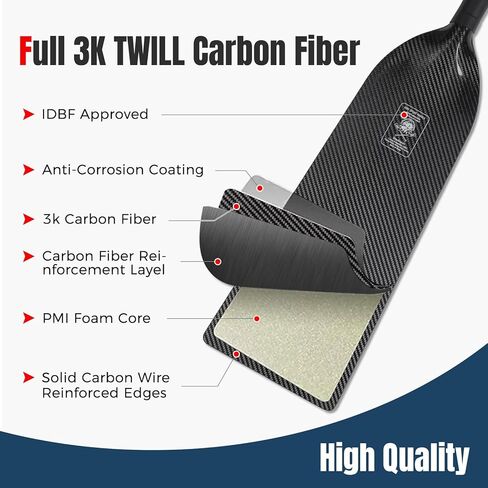 مجداف قارب التنين خفيف الوزن من ألياف الكربون بالكامل مع حقيبة مجداف، مجاذيف قارب التنين قابلة للتعديل 45-51 بوصة (115-130 سم)، معتمد من IDBF in Kuwait