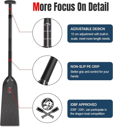 مجداف قارب التنين خفيف الوزن من ألياف الكربون بالكامل مع حقيبة مجداف، مجاذيف قارب التنين قابلة للتعديل 45-51 بوصة (115-130 سم)، معتمد من IDBF in Kuwait