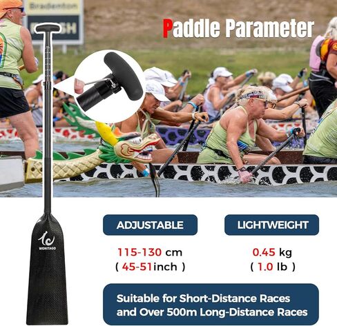 مجداف قارب التنين خفيف الوزن من ألياف الكربون بالكامل مع حقيبة مجداف، مجاذيف قارب التنين قابلة للتعديل 45-51 بوصة (115-130 سم)، معتمد من IDBF in Kuwait