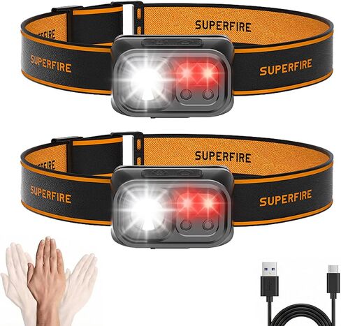 SuperFire Rechargeable Headlamp 2PCS ，Lightweight Head Lamp with Motion Sensor,LED Headlamp Rechargeable,Head Flashlight for Running Fishing Hiking Camping, Outdoor in Kuwait