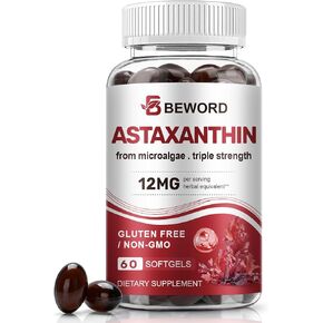 Astaxanthin 12mg with MCT Oil, 60/120 Softgels 2-Month Supply | Premium Antioxidant Supplements | Natural Microalgae, Triple Strength | Supports Skin & Eye Health | Non-GMO, Gluten & Soy-Free in Kuwait