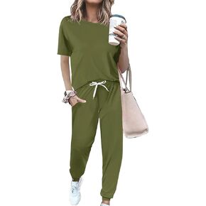 Women 2 Piece Outfits Summer Set Striped Short Sleeve Sweatsuits Crew Neck Pullover Lounge Tracksuit with Pocket in Saudi Arabia