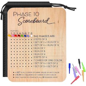 لوحة نتائج خشبية للمرحلة 10 مع حقيبة محمولة - لعبة بطاقات المرحلة 10 مع 8 ألوان أوتاد، لوحة تتبع نقاط السفر قابلة لإعادة الاستخدام لليلة الألعاب العائلية أو التخييم أو الحفلات - ملحق ليلة اللعبة للبالغين in Kuwait