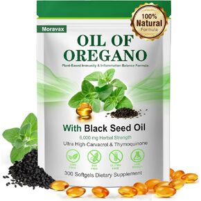 Oil of Oregano Softgels with Black Seed Oil 300 Softgels, 6000mg High Potency Oregano Oil Capsules with Organic Carvacrol & Thymoquinone, Immune & Digestive Support, Non-GMO, Gluten Free in Kuwait