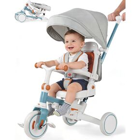 دراجة ثلاثية العجلات 7 في 1 للأطفال الصغار من عمر 1 إلى 3 سنوات، عربة أطفال قابلة للطي مع مقبض دفع توجيه، هدية للأولاد والبنات من سن 12 شهرًا إلى 6 سنوات - أزرق in Kuwait