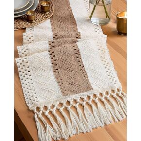 Pureegg Farmhouse Boho Table Runner - 72 Inches, Linen-Textured Woven Tassel Design for Dining Table Decor, Kitchen, Coffee Table & Living Room, 12 x 72 Inch, Brown in Kuwait
