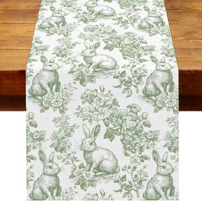 Chinoiserie Easter Table Runner Toile de Jouy Vintage Green and White Bunny Spring Party Decoration Home Kitchen Dining Room Table Decor (Green, 13" x 72") in Kuwait