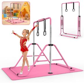 Gymnastics Bar for Kids with Mat, Foldable Adjustable Height Horizontal Bar, Anti-Wobble Steel Frame Junior Training Bar for Home Practice, 3-8 Years Old, 140 lbs Capacity in Saudi Arabia