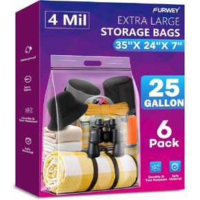 25 Gallon Extra Large Storage Bags 35"x 24"Resealable Clear Bags with Handle 4 Mil Thick Heavy Duty Big Bag for Clothes Pillow Travel Moving,Bedding,Shoes and Toys Storage, Pack of 6 in Kuwait