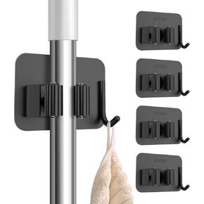 nacena 4 Pack No Drill Self Adhesive Broom Mop Holder Wall Mount with Hooks, Heavy Duty Stainless Steel Organizer for Kitchen Bathroom Garage Storage, Black in Kuwait