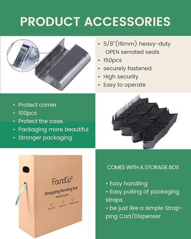 Foundgo 1000ft 5/8 "0.035" بوليستر أخضر (PET) لفة الصناعية من الدرجة الصناعية ＞ 1500 رطل قوة قاسية مقاومة للماء مقاوم ومقاوم للصدأ مع صندوق السحب ، 100 حماة الزاوية ، 150 أختام in Kuwait