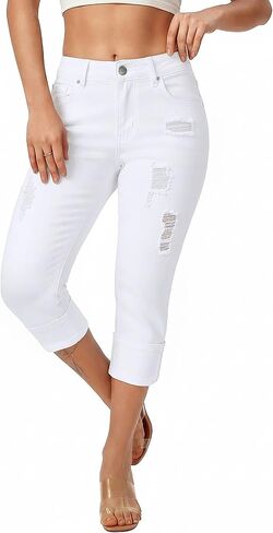 roswear Women's Ripped Stretchy Capri Jeans Mid Rise Cuffed Petite Denim Pants in Saudi Arabia