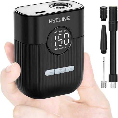 Hycline Mini Electric Bike Pump: 30s Fast Inflate 150 PSI High Pressure Gauge with Presta & Schrader Valve - Bicycle Tire Pump for Bikes Motorcycles Balls - Auto‑Stop Rechargeable Portable Air Pump in Kuwait