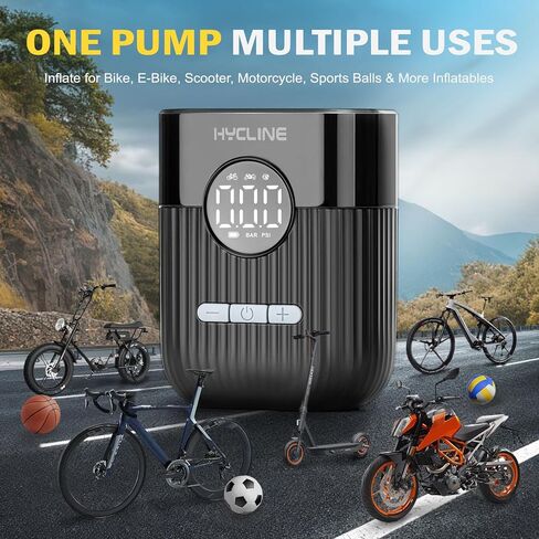 Hycline Mini Electric Bike Pump: 30s Fast Inflate 150 PSI High Pressure Gauge with Presta & Schrader Valve - Bicycle Tire Pump for Bikes Motorcycles Balls - Auto‑Stop Rechargeable Portable Air Pump in Kuwait