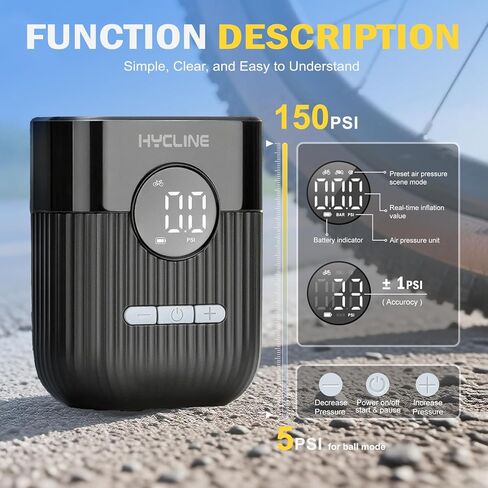 Hycline Mini Electric Bike Pump: 30s Fast Inflate 150 PSI High Pressure Gauge with Presta & Schrader Valve - Bicycle Tire Pump for Bikes Motorcycles Balls - Auto‑Stop Rechargeable Portable Air Pump in Kuwait