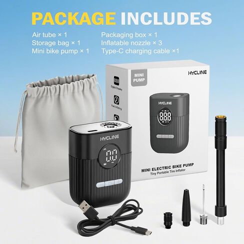 Hycline Mini Electric Bike Pump: 30s Fast Inflate 150 PSI High Pressure Gauge with Presta & Schrader Valve - Bicycle Tire Pump for Bikes Motorcycles Balls - Auto‑Stop Rechargeable Portable Air Pump in Kuwait