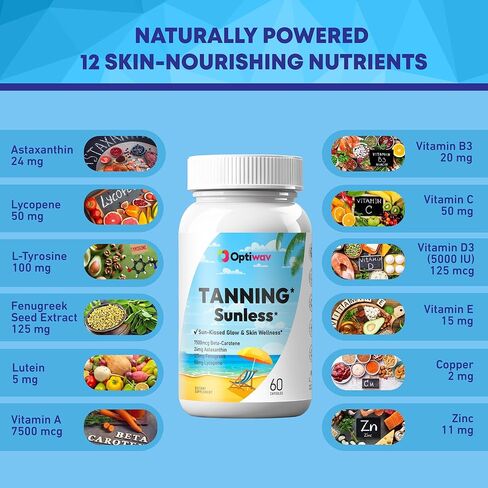 حبوب تسمير البشرة للرجال والنساء - كبسولات تسمير البشرة الذاتية التي تعمل بسرعة بدون التعرض للشمس - حبوب مكملات الميلانين الطبيعية عن طريق الفم من أجل توهج ذهبي صحي بدون شمس - خالية من السكر، خالية من الغلوتين، نباتي، غير معدلة وراثيًا in Kuwait