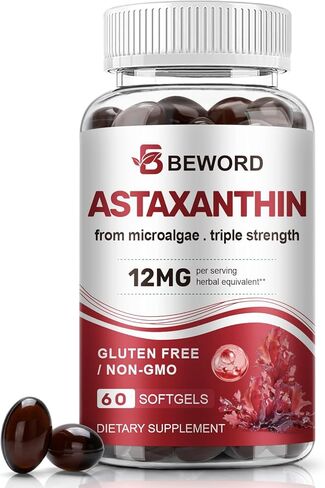 Astaxanthin 12mg with MCT Oil, 60/120 Softgels 2-Month Supply | Premium Antioxidant Supplements | Natural Microalgae, Triple Strength | Supports Skin & Eye Health | Non-GMO, Gluten & Soy-Free in Kuwait