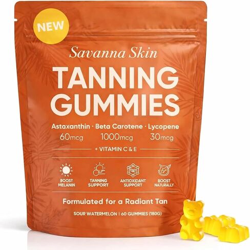 Savanna Skin Tanning Gummies, with Vitamin C & E, Astaxanthin, Beta Carotene & Lycopene Blend, Natural Looking Glow, Bronzing, Radiant Healthy Skin, Non-GMO, Vegan & Sugar-Free, 60 Gummies in Saudi Arabia