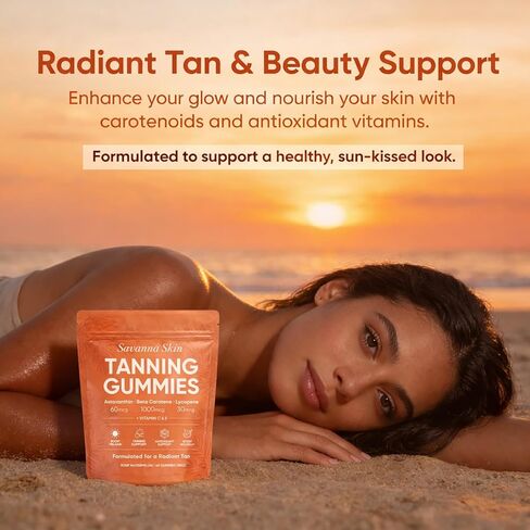 Savanna Skin Tanning Gummies, with Vitamin C & E, Astaxanthin, Beta Carotene & Lycopene Blend, Natural Looking Glow, Bronzing, Radiant Healthy Skin, Non-GMO, Vegan & Sugar-Free, 60 Gummies in Saudi Arabia