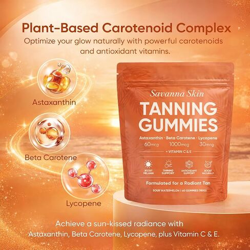 Savanna Skin Tanning Gummies, with Vitamin C & E, Astaxanthin, Beta Carotene & Lycopene Blend, Natural Looking Glow, Bronzing, Radiant Healthy Skin, Non-GMO, Vegan & Sugar-Free, 60 Gummies in Saudi Arabia