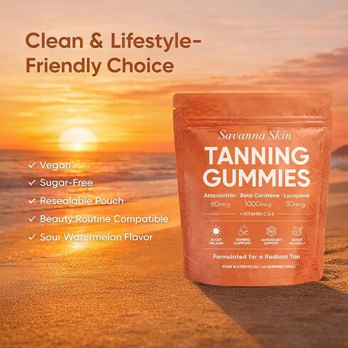 Savanna Skin Tanning Gummies, with Vitamin C & E, Astaxanthin, Beta Carotene & Lycopene Blend, Natural Looking Glow, Bronzing, Radiant Healthy Skin, Non-GMO, Vegan & Sugar-Free, 60 Gummies in Saudi Arabia