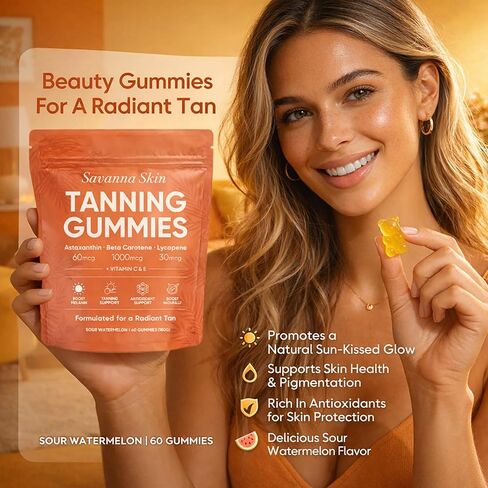 Savanna Skin Tanning Gummies, with Vitamin C & E, Astaxanthin, Beta Carotene & Lycopene Blend, Natural Looking Glow, Bronzing, Radiant Healthy Skin, Non-GMO, Vegan & Sugar-Free, 60 Gummies in Saudi Arabia