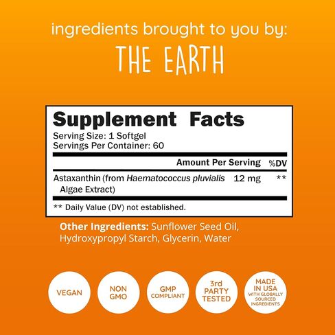 Astaxanthin Supplement 12mg | Plant-Based Antioxidant for Skin Hydration, Elasticity & Radiant Glow | From Algae Extract | Non-GMO, Vegan, Made in USA | 2 Month Supply, 60 Softgels in Kuwait