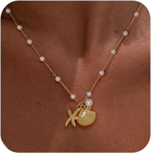 Ewrkbr Gold Necklace for Women,14K Gold Plated Shell Starfish Beach Necklaces Cute Boho Pendant Necklace Fashion Summer Waterproof Pearl Jewelry for Women in Kuwait