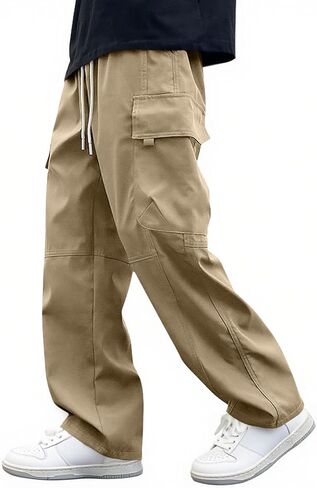 School Uniform Pants for Boys Elastic Wasit Cargo Pant Open Bottom Straight Leg Sweatpants Loose Casual with Pockets in Saudi Arabia