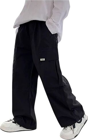 School Uniform Pants for Boys Elastic Wasit Cargo Pant Open Bottom Wide Leg Sweatpants Streetwear with Pockets 2026 in Saudi Arabia
