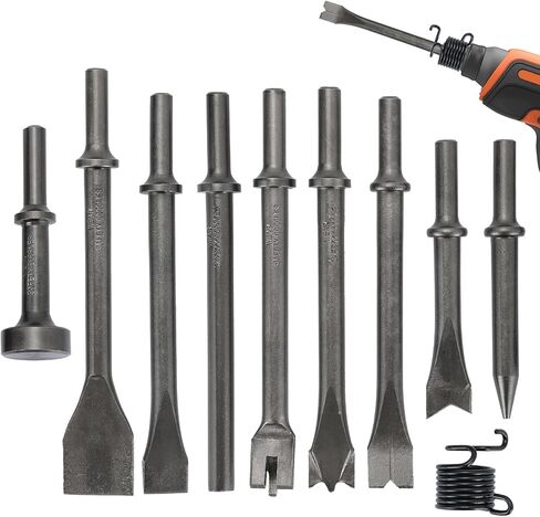 مجموعة أزاميل مطرقة هوائية مكونة من 10 قطع من MAOPINER، لقم إزميل مطرقة هواء من الفولاذ عالي الكربون شديدة التحمل مع ساق 0.401 بوصة (10 مم) للسيارات والأعمال المعدنية وإزالة المسامير، تتضمن زنبرك in Kuwait