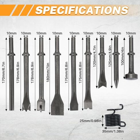 مجموعة أزاميل مطرقة هوائية مكونة من 10 قطع من MAOPINER، لقم إزميل مطرقة هواء من الفولاذ عالي الكربون شديدة التحمل مع ساق 0.401 بوصة (10 مم) للسيارات والأعمال المعدنية وإزالة المسامير، تتضمن زنبرك in Kuwait