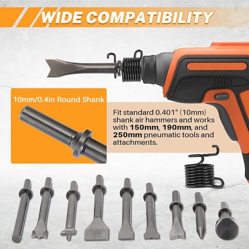 مجموعة أزاميل مطرقة هوائية مكونة من 10 قطع من MAOPINER، لقم إزميل مطرقة هواء من الفولاذ عالي الكربون شديدة التحمل مع ساق 0.401 بوصة (10 مم) للسيارات والأعمال المعدنية وإزالة المسامير، تتضمن زنبرك in Kuwait