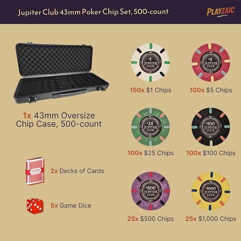 مجموعة شرائح بوكر من طين الكازينو بحجم 500 قطعة بحجم 43 مم من جوبيتر كلوب | 11 جرامًا من رقائق XL في حافظة واقية للقفل | إحساس فاخر من الطين بنسبة 100% للألعاب النقدية المنزلية والبطولات ذات الرهانات العالية in Kuwait