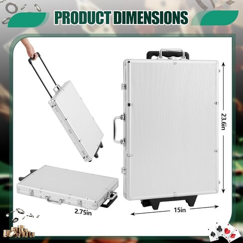 1000 Pcs Large Capacity Rolling Poker Chip Case Empty with Wheels and Telescoping Handle, 23.6" x 15" Aluminum Trolley Storage Case for Casino Tournament Travel (No Chips Included) in Saudi Arabia