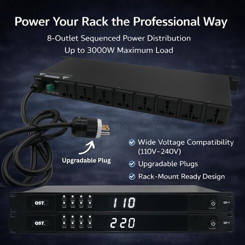 QST QP-1 1U Rackmount 8-Channel Power Sequencer Conditioner for Pro Audio, Home Theater, IT & Network Racks, Surge Protection, and 8 AC Outlets 3000w 120-240v in Saudi Arabia