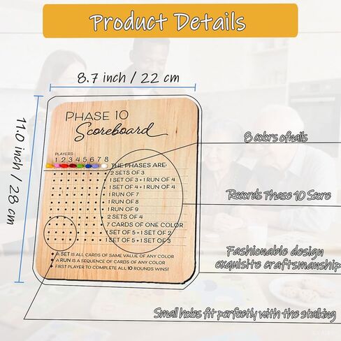 لوحة نتائج خشبية للمرحلة 10 مع حقيبة محمولة - لعبة بطاقات المرحلة 10 مع 8 ألوان أوتاد، لوحة تتبع نقاط السفر قابلة لإعادة الاستخدام لليلة الألعاب العائلية أو التخييم أو الحفلات - ملحق ليلة اللعبة للبالغين in Kuwait