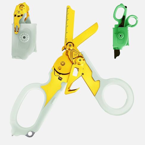 مقصات الصدمات متعددة الوظائف 6 في 1 من LEEPENK مع قاطع حزام وكسارة زجاجية، مع حافظة مضيئة لأداة الطوارئ للتخييم في الهواء الطلق (ملونة مضيئة) in Kuwait