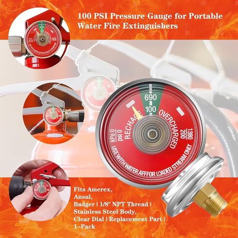 4PCS 100 Psi Water Fire Extinguisher Gauge for Stainless Steel Water Fire Extinguishers, Fits Amerex, Ansul, Badger, 1/8" NPT Thread, Stainless Steel Body, Clear Dial in Saudi Arabia