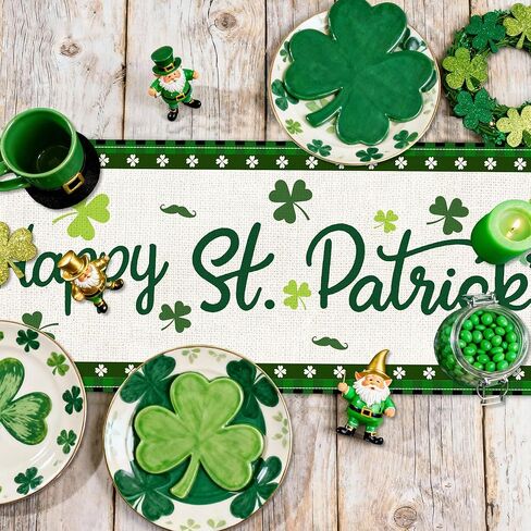 St Patricks Day Table Runner 72 Inches, St Patricks Shamrocks Green Hat Burlap Table Runner, Leprechaun Holiday Table Decor for Home Dining Room in Kuwait